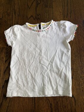 Mini Boden White Short-Sleeve Tee with Multicolor Pom Trim